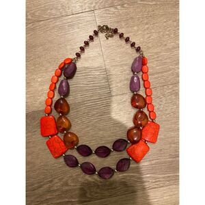 Double-Stranded Layered Necklace – Red, Orange & Purple Statement Jewelry